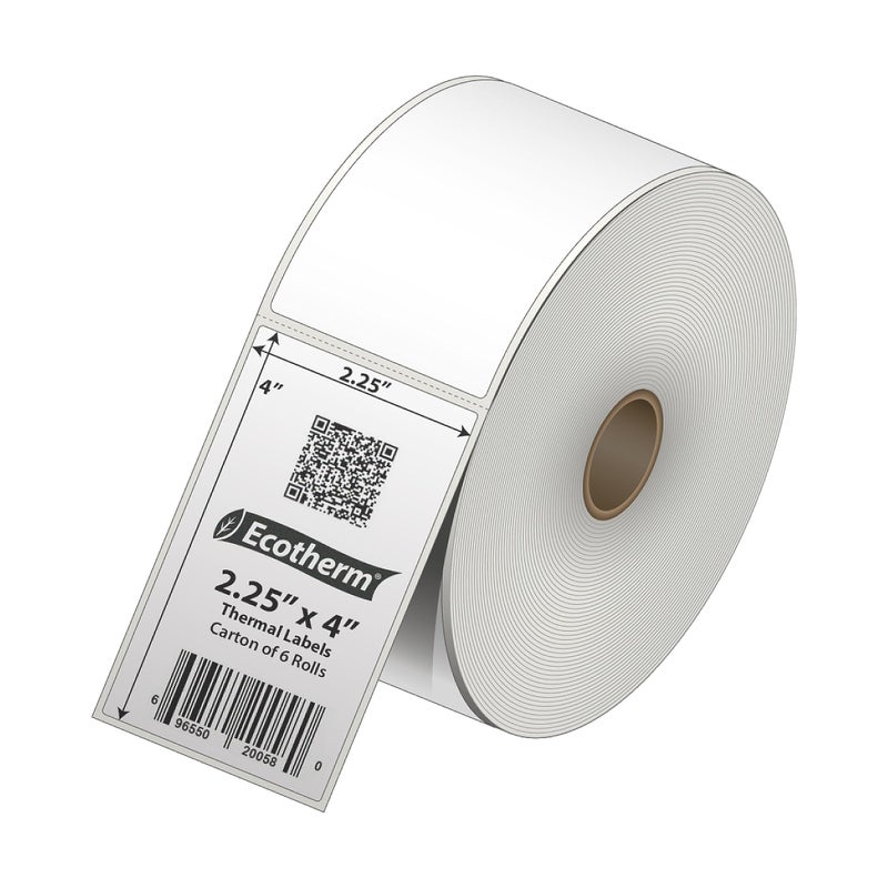 Ecotherm ملصقات حرارية مقاس 2.25 بوصة × 4 بوصة | 6 رول | 4200 ملصق | تناسب طابعات Zebra وMunbyn وRolo وGodex وArkscan وiDPRT وOffnova والمزيد | ملصقات لاصقة بيضاء فارغة من إيكوثيرم - Image 2